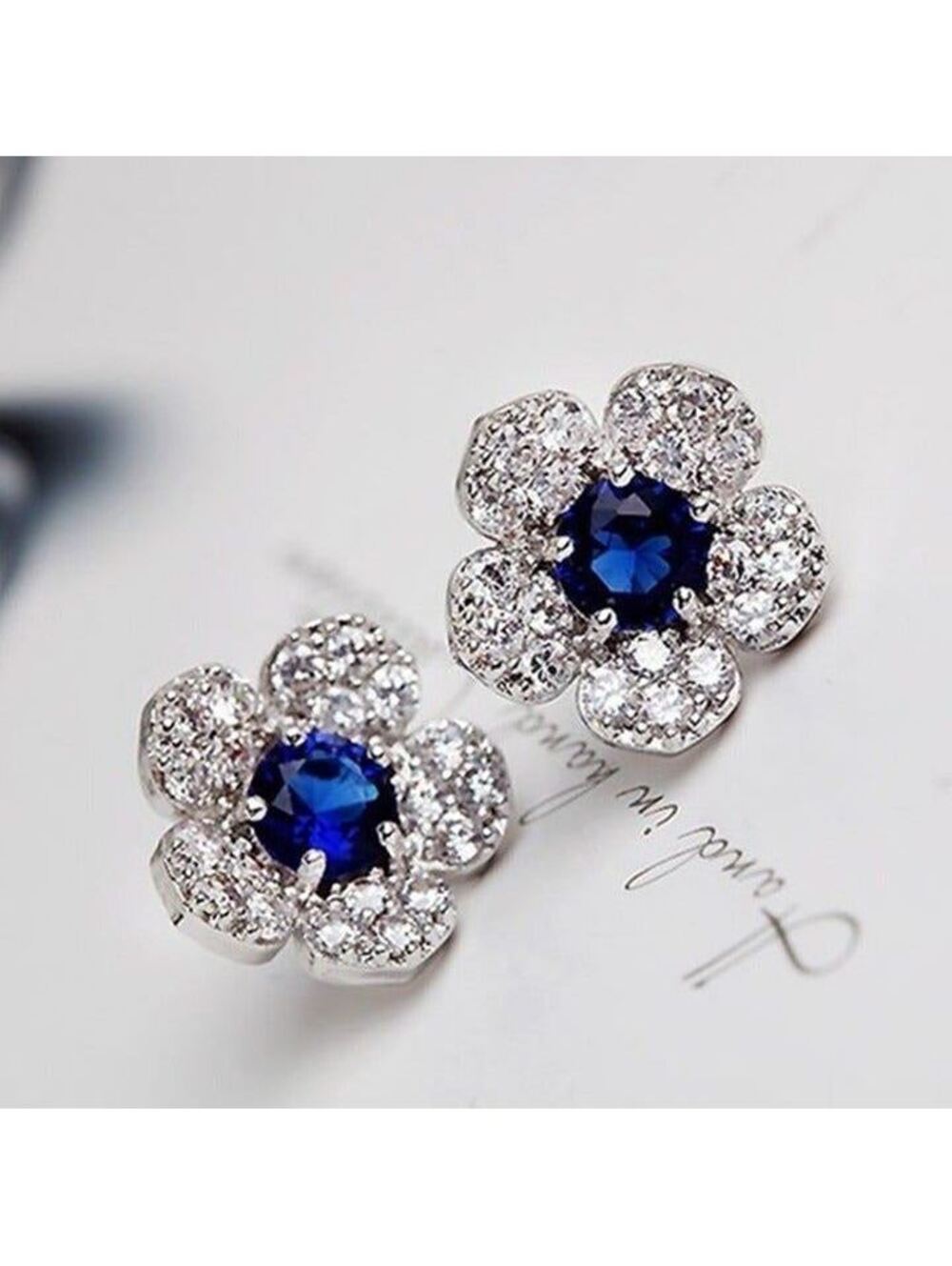 Silver Dark Blue Crystal Pave Flower Stud Earrings